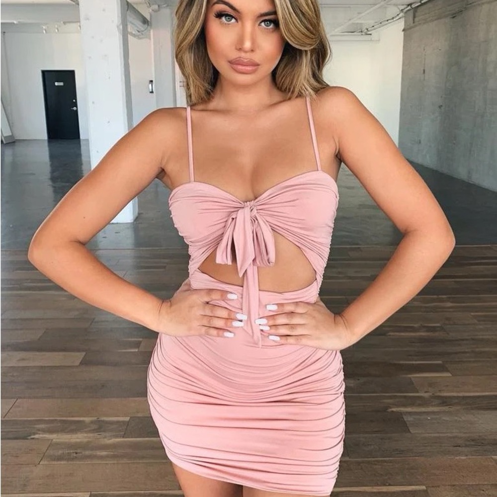 Tiger Mist Pink Cut Out Tie Front Mini Dress👗